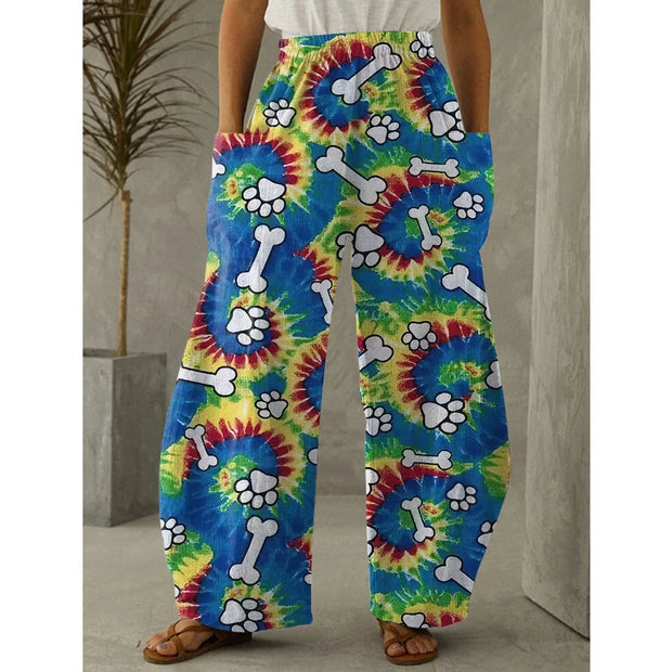 Stylish Wide Pants with Dog Paws Print