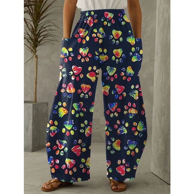 Stylish Wide Pants with Dog Paws Print