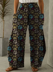 Stylish Wide Pants with Dog Paws Print