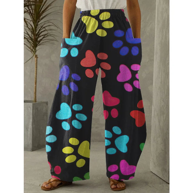 Stylish Wide Pants with Dog Paws Print